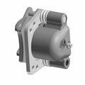 Red and silver metal brake caliper with mounting holes and cylindrical piston housing.