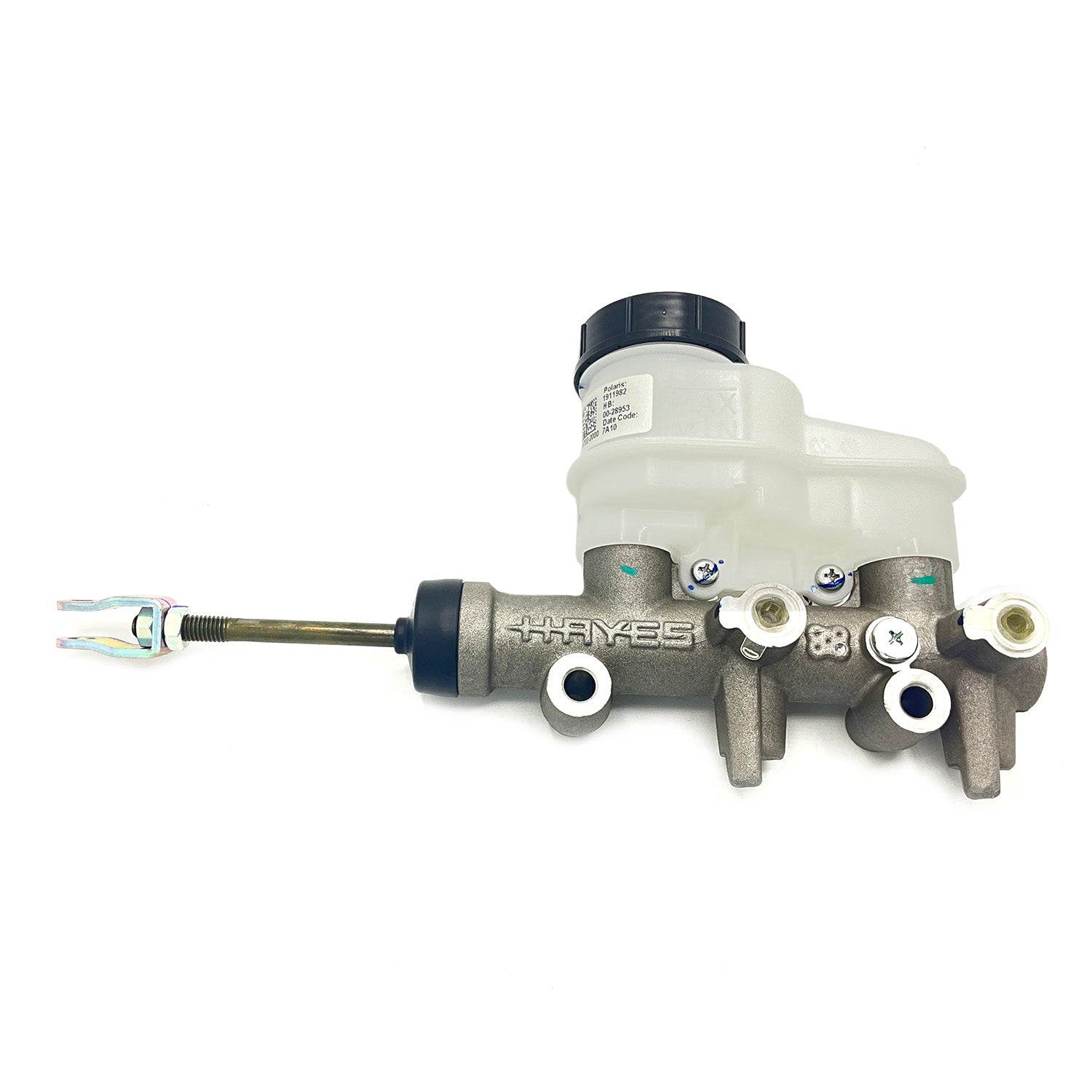 Polaris tandem master cylinder with white plastic reservoir and metal body, black cap, and push rod.