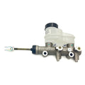 Polaris tandem master cylinder with white plastic reservoir and metal body, black cap, and push rod.