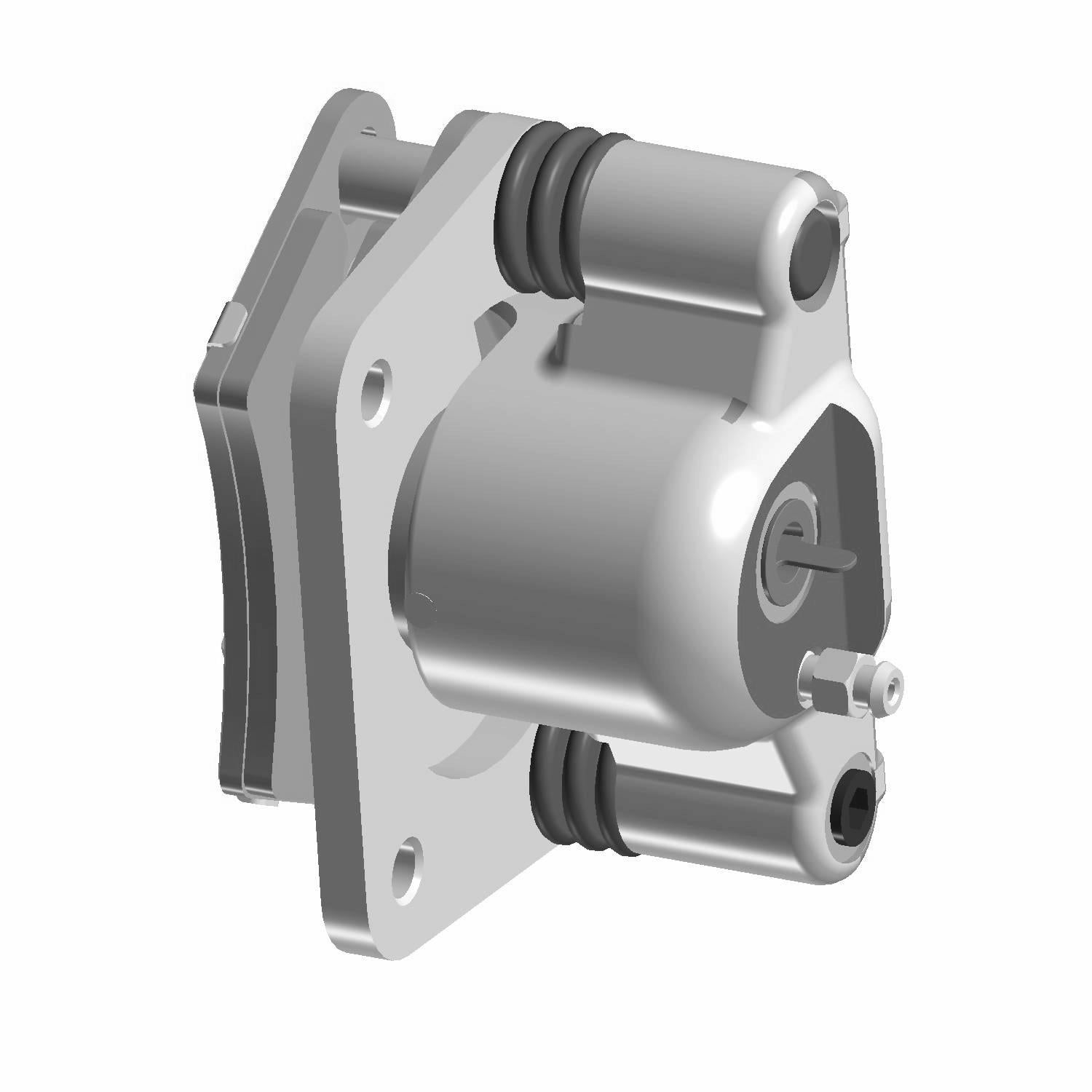 Silver metal rear brake caliper with mounting flange and piston housing for Polaris ATV.