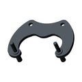 Black curved metal rear caliper mount bracket with two bolts and two mounting holes.