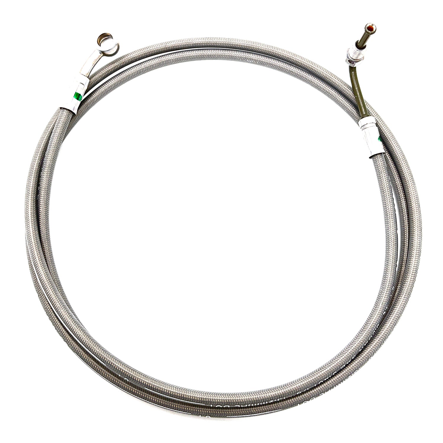 Coiled silver metal rear brake line with loop and threaded fittings on each end.