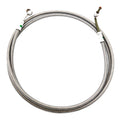 Coiled silver metal rear brake line with loop and threaded fittings on each end.