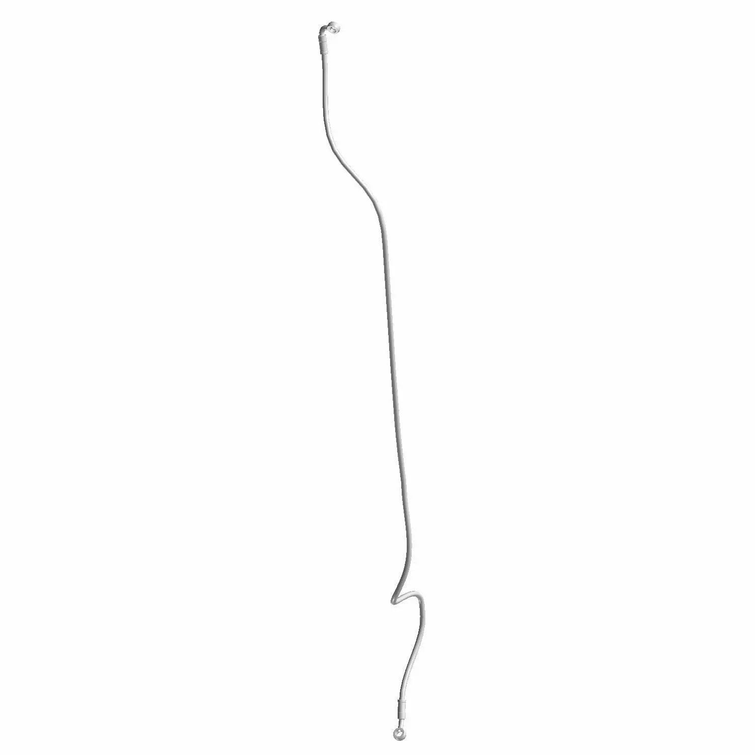 Long, thin metallic brake line hose with curved ends and threaded fittings on both sides.