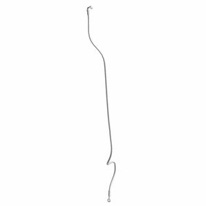 Long, thin metallic brake line hose with curved ends and threaded fittings on both sides.