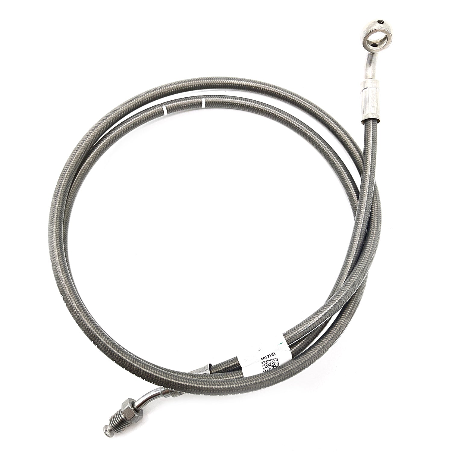Coiled gray braided rear brake line with metal fittings on both ends for Polaris Ranger UTV.