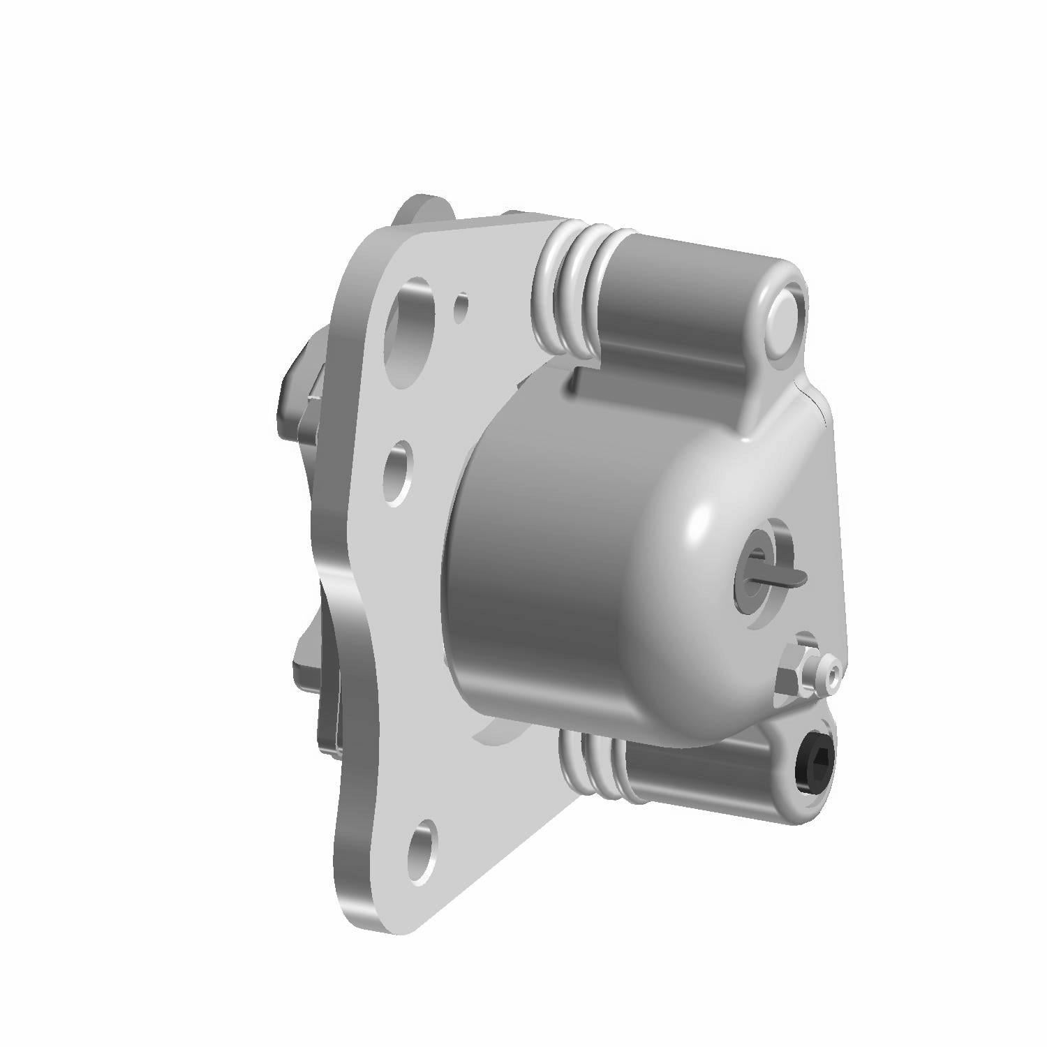 Gray metal front brake caliper with mounting holes and cylindrical housing for Polaris vehicles.