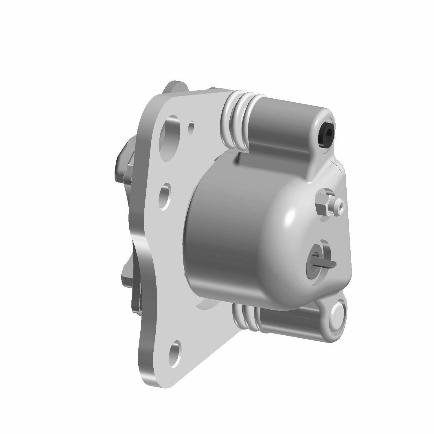 Gray metal front brake caliper with mounting holes and cylindrical piston housing for Polaris UTV.