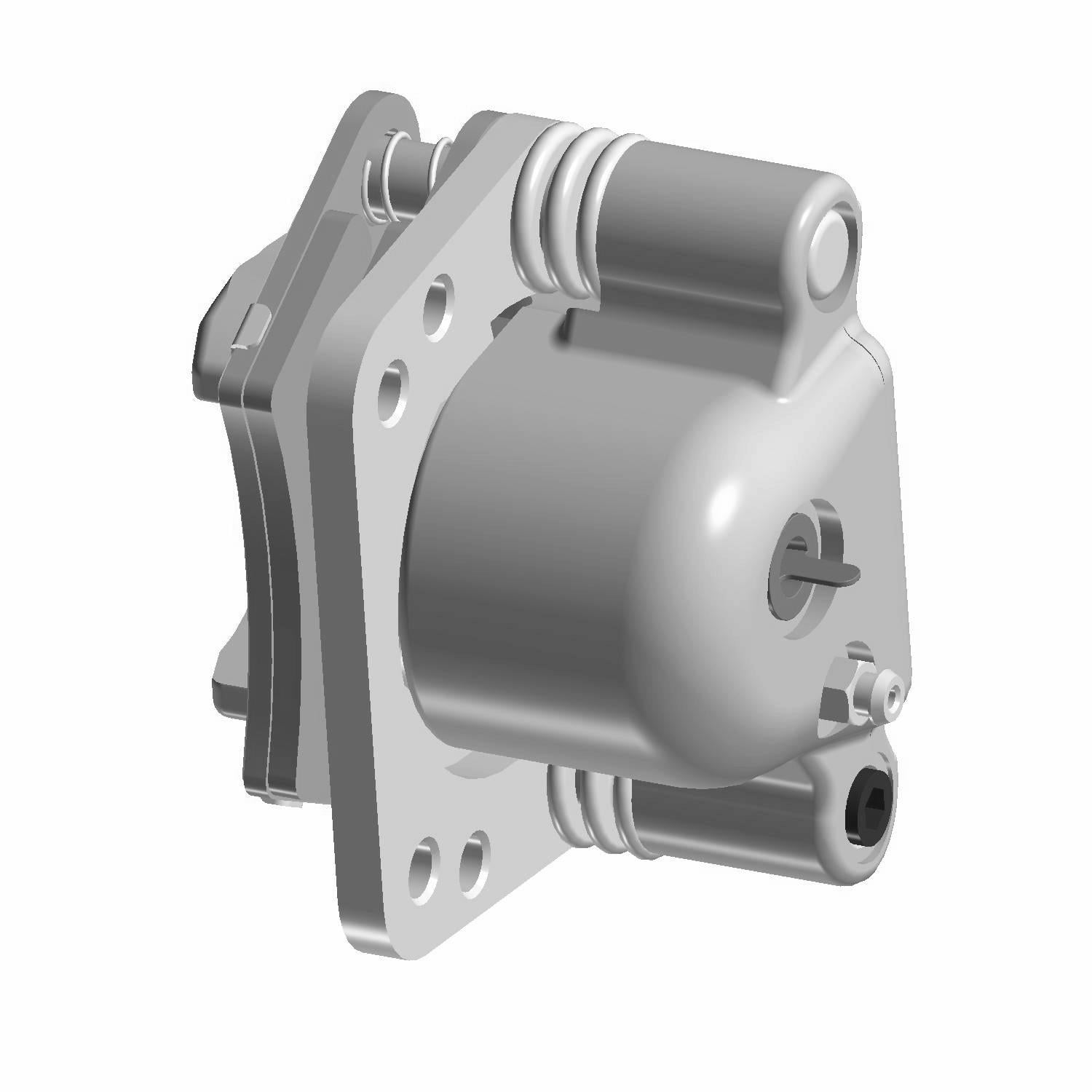 Gray metal rear brake caliper with mounting holes and cylindrical chamber for Polaris UTVs.