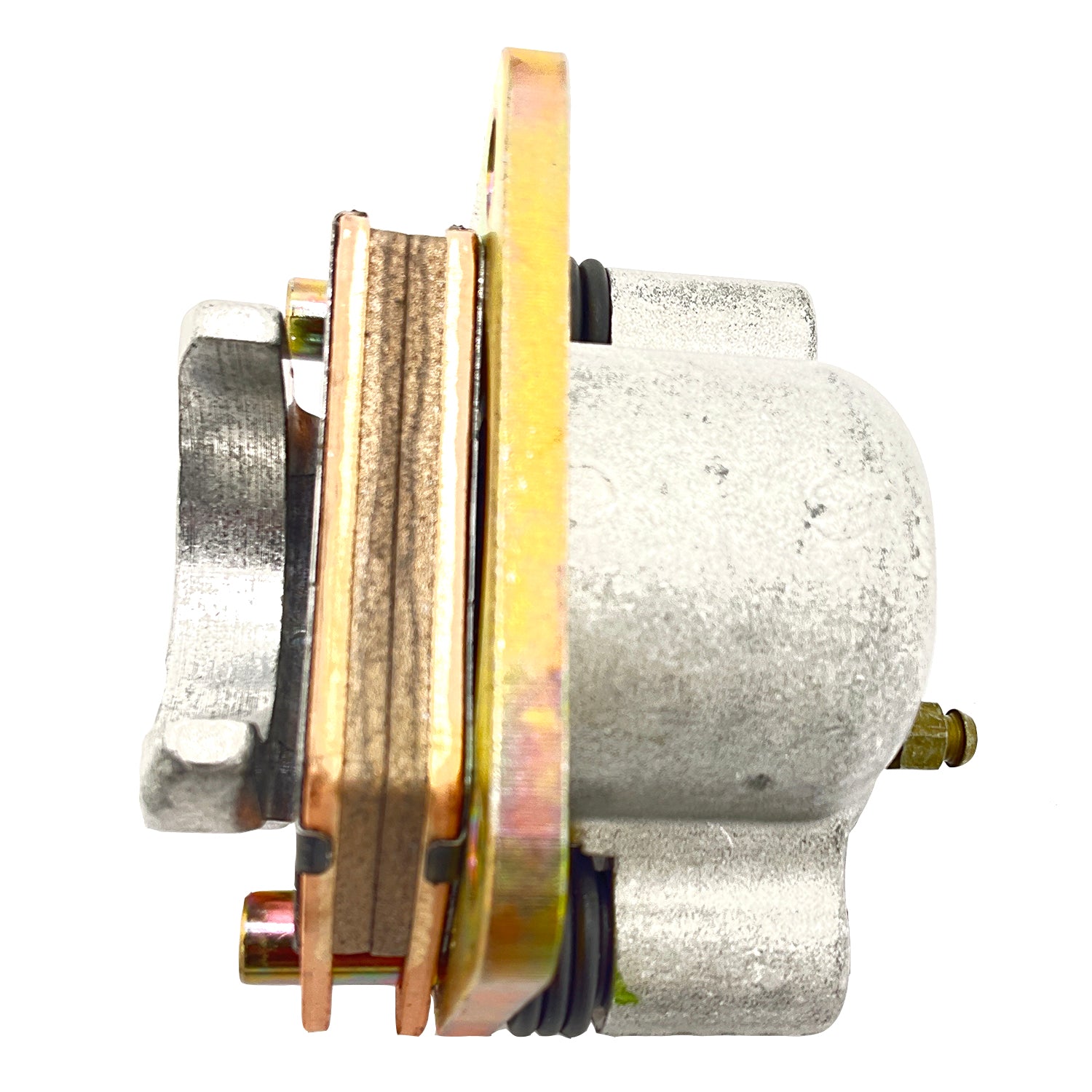 Silver metal rear brake caliper with gold mounting bracket and black rubber seals.