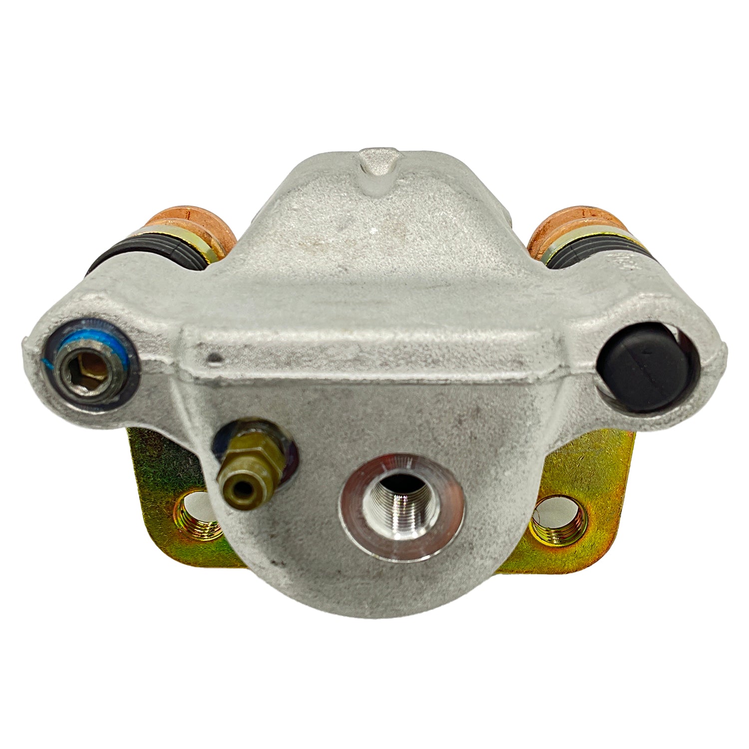 Silver metal rear brake caliper with gold mounting bracket and blue and black rubber components.