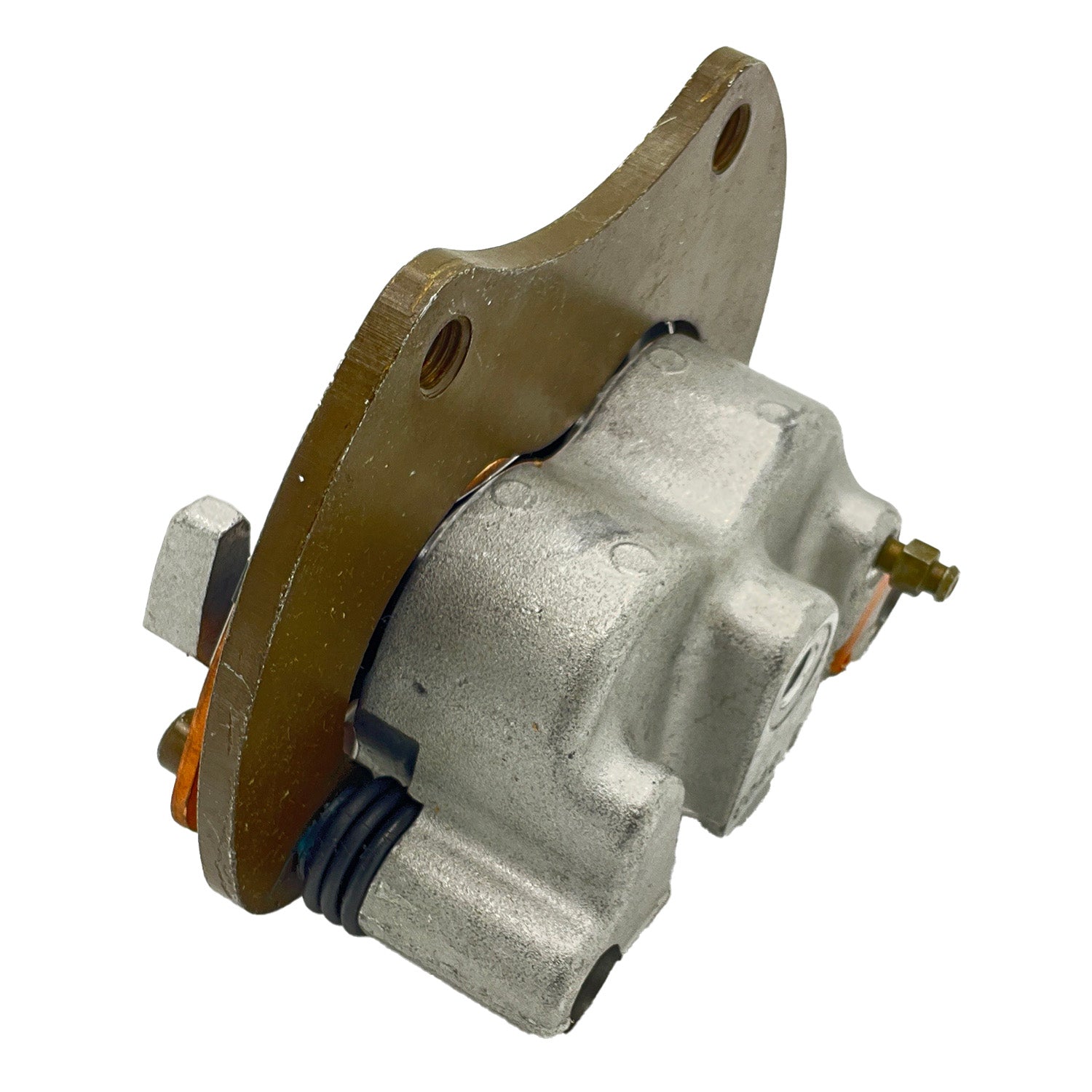 Silver metal brake caliper with brown mounting bracket and round holes for attachment.