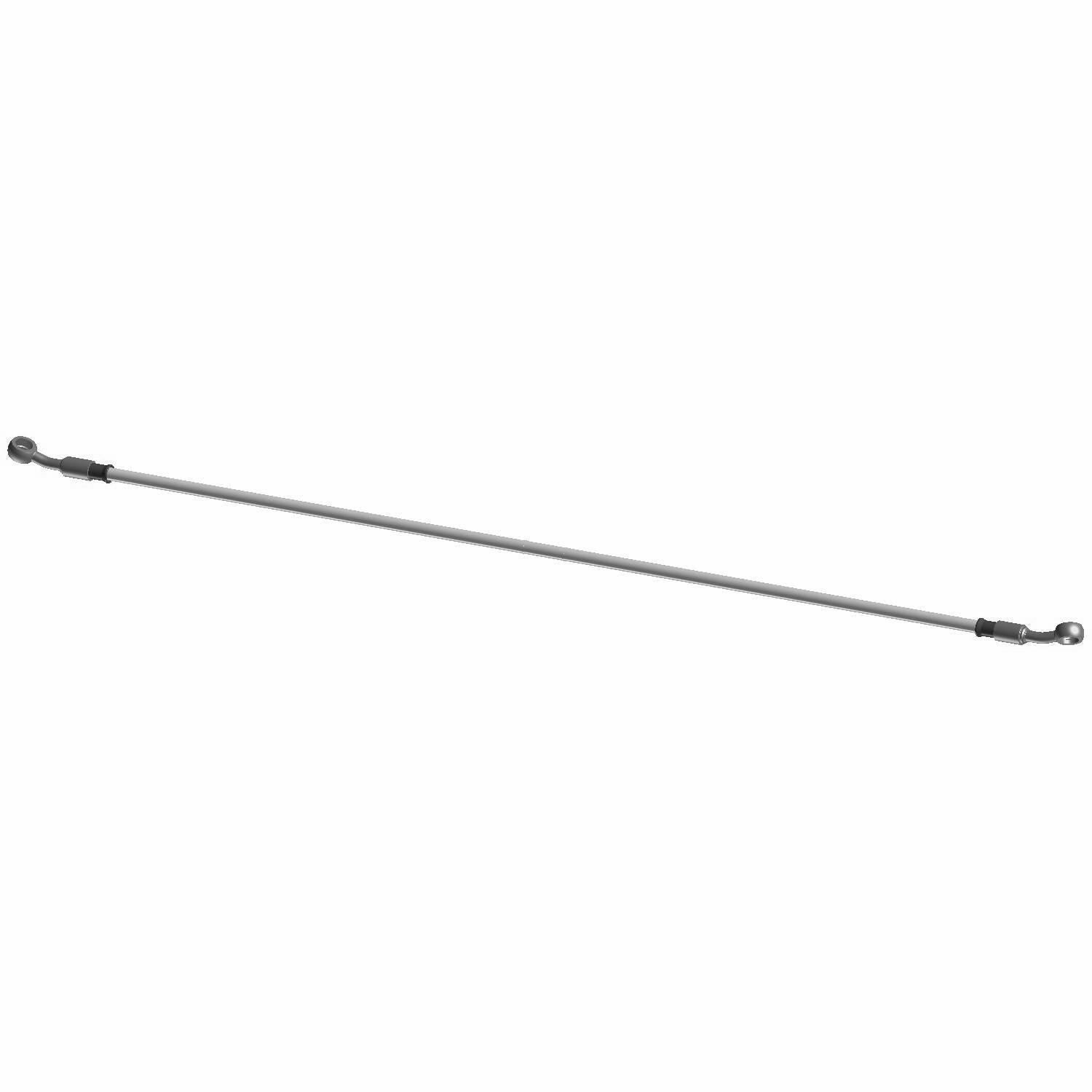 Metal brake line with black fittings on both ends, designed for front left installation.