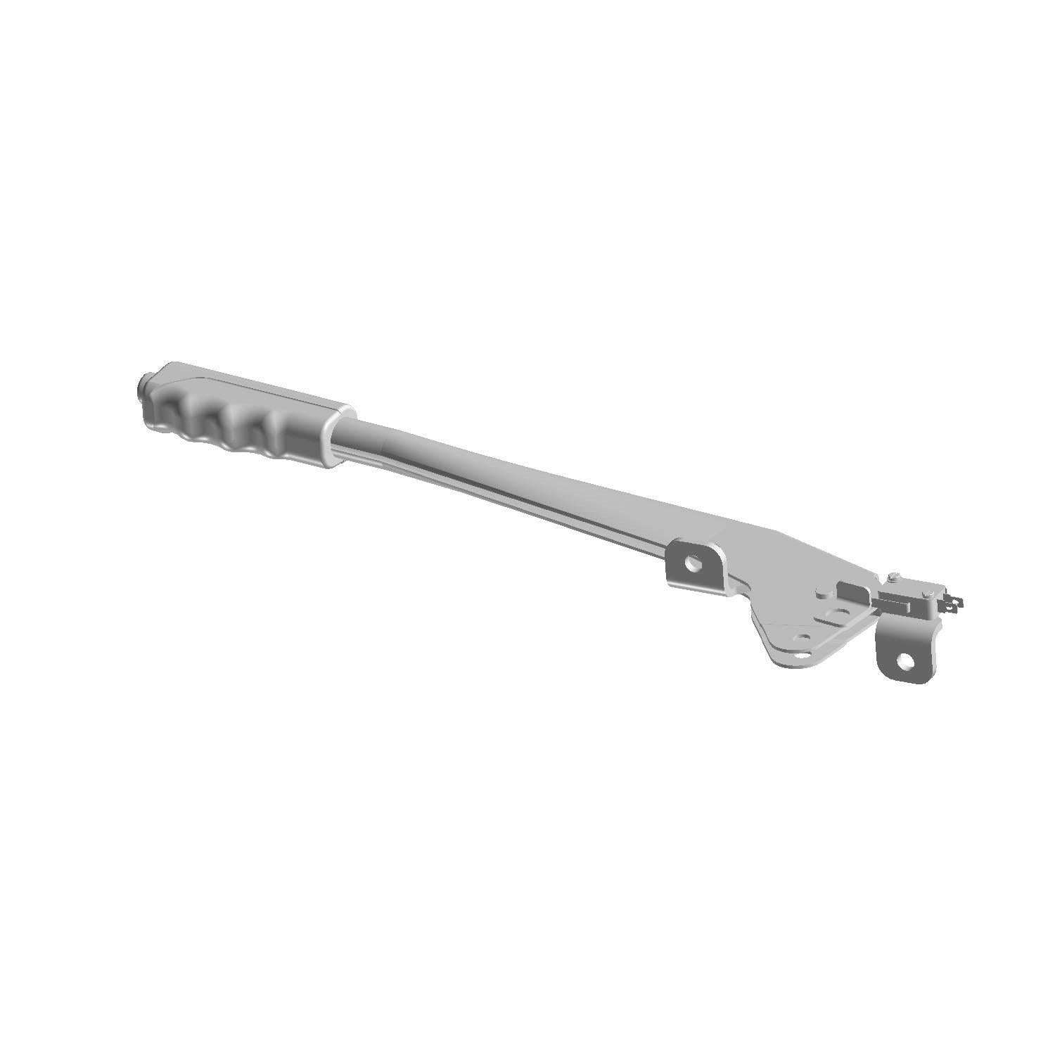Silver metal parking brake lever with gray textured grip and mounting holes for Polaris UTVs.