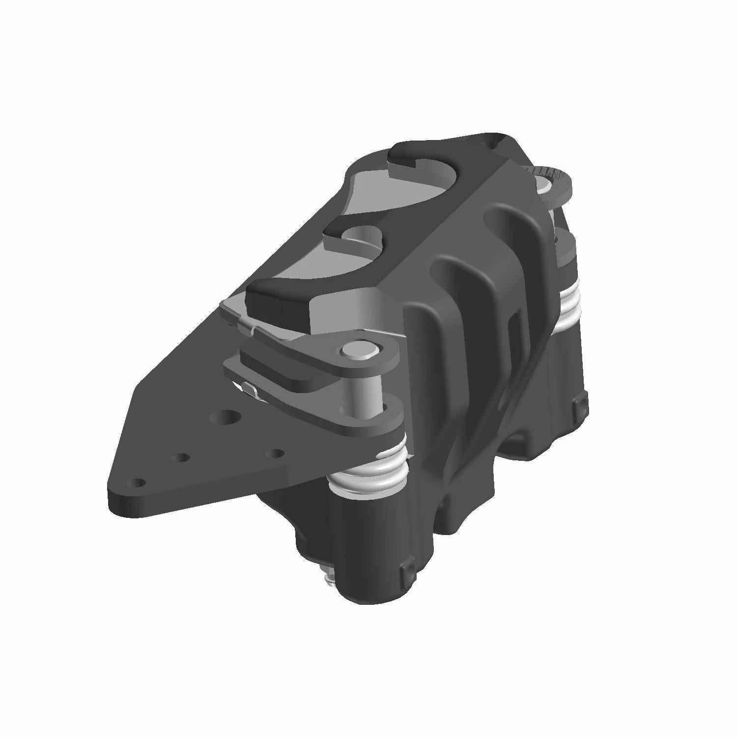 Matte black Polaris left brake caliper with silver mounting hardware and ribbed design.