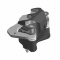 Matte black and silver metal brake caliper with mounting holes and compact design.