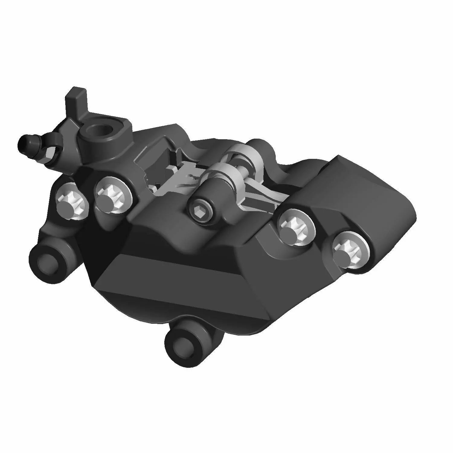 Black front left brake caliper with mounting points and hydraulic fittings for motorcycle use.