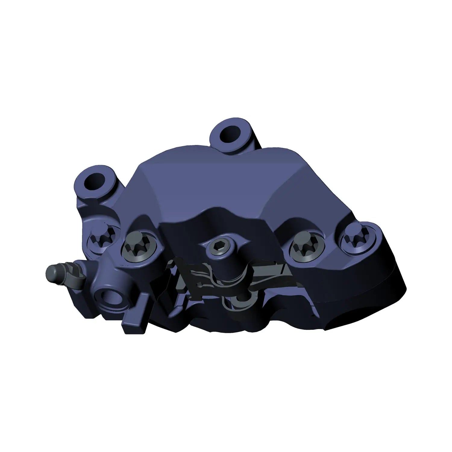 Black metal front brake caliper with mounting holes and hydraulic connection ports.