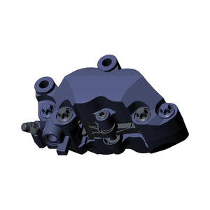Black metal front brake caliper with mounting holes and hydraulic connection ports.