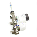 Metal and white plastic Polaris master cylinder brake with black cap and mounting points.