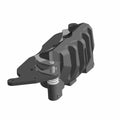 Black metal front brake caliper with cooling fins and mounting bracket for Polaris vehicles.