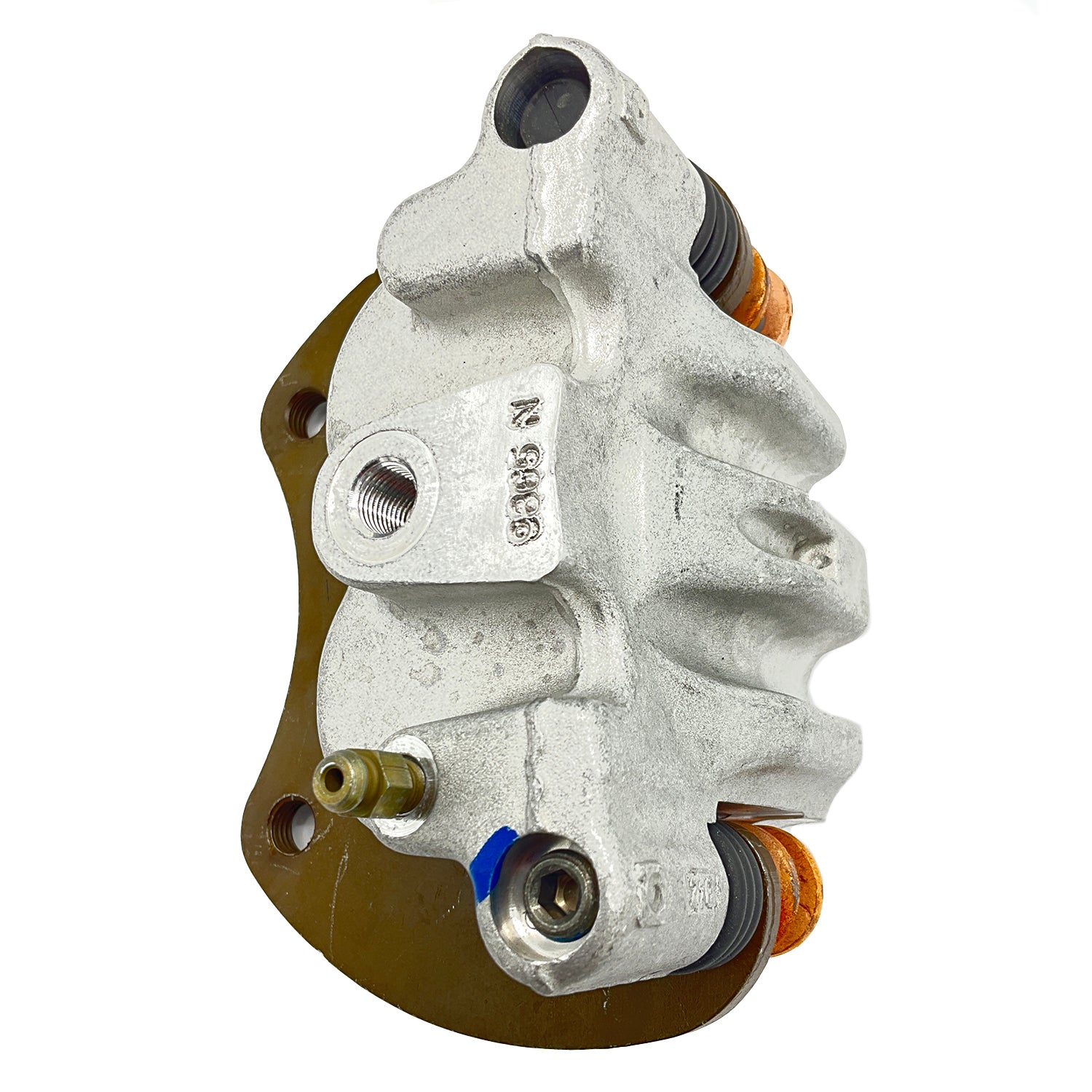 Silver metal left-hand brake caliper with double grooves and brass fittings, designed for Polaris UTVs.