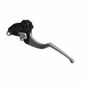 Black motorcycle master cylinder with integrated silver brake lever and mounting hole.