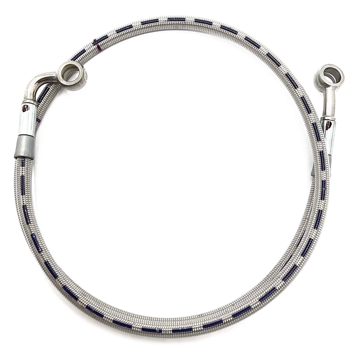 Braided stainless steel front brake line with metal fittings and banjo connectors for left side installation.