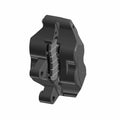 Black left brake caliper for motorcycle with curved mounting bracket and piston housing.