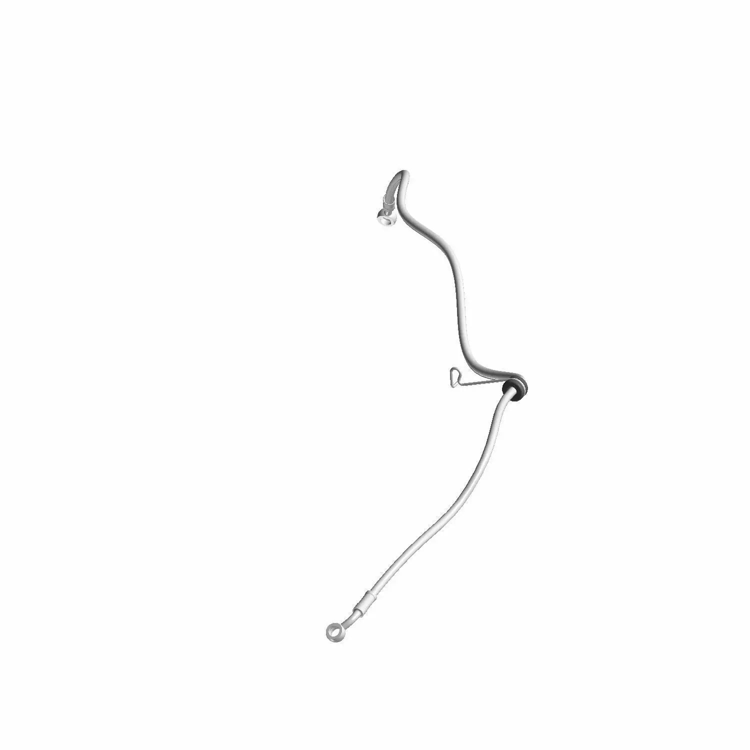 Silver metal front brake line hose with an offset design and mounting bracket by Polaris.