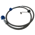 Gray braided front brake line hose with silver metal fittings and blue protective caps.