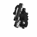 Black metal front brake caliper with smooth curved design and mounting points, ABS compatible.