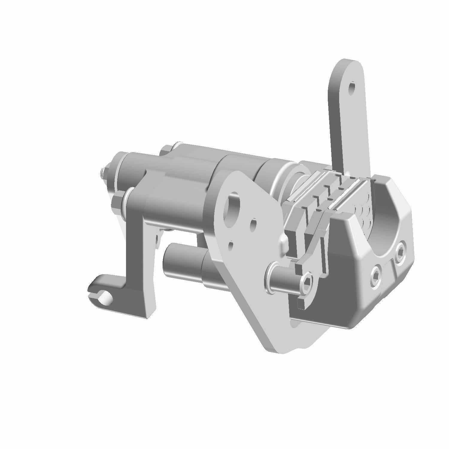 Silver-gray metal rear brake caliper with mounting brackets and hydraulic piston components.