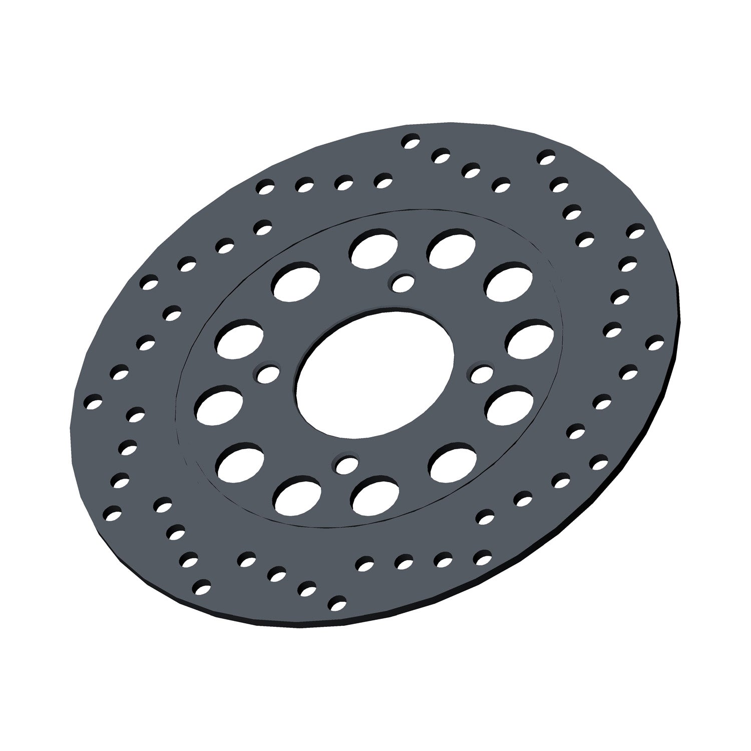 Black circular metal rear brake disc with multiple ventilation holes and a central mounting hole.
