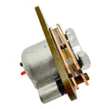 Silver metal rear brake caliper with copper brake pads and mounting bracket.