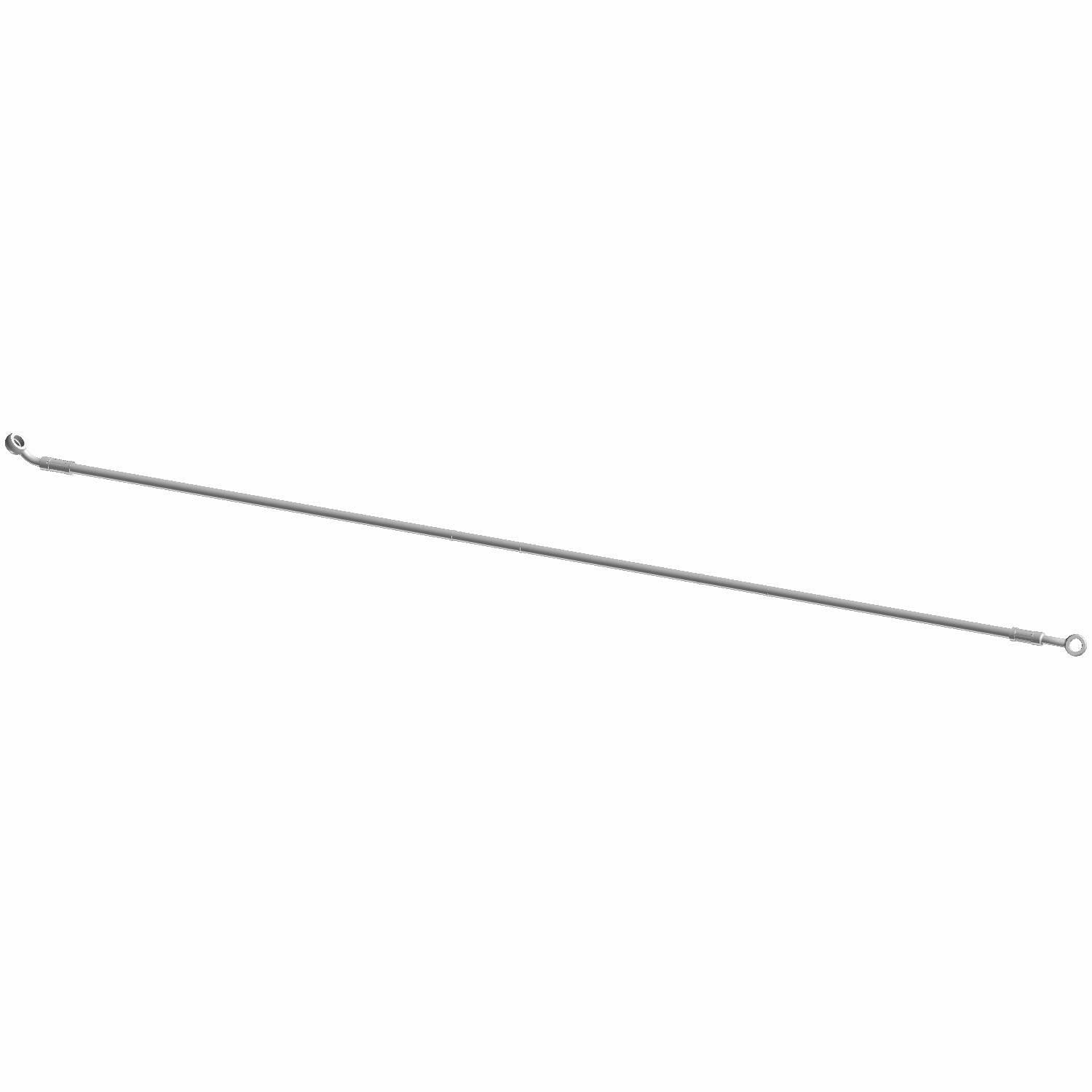 Silver metal brake line tube with circular fittings on both ends, slender and straight design.