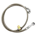 Braided steel front brake line with metal fittings and a yellow mounting bracket.