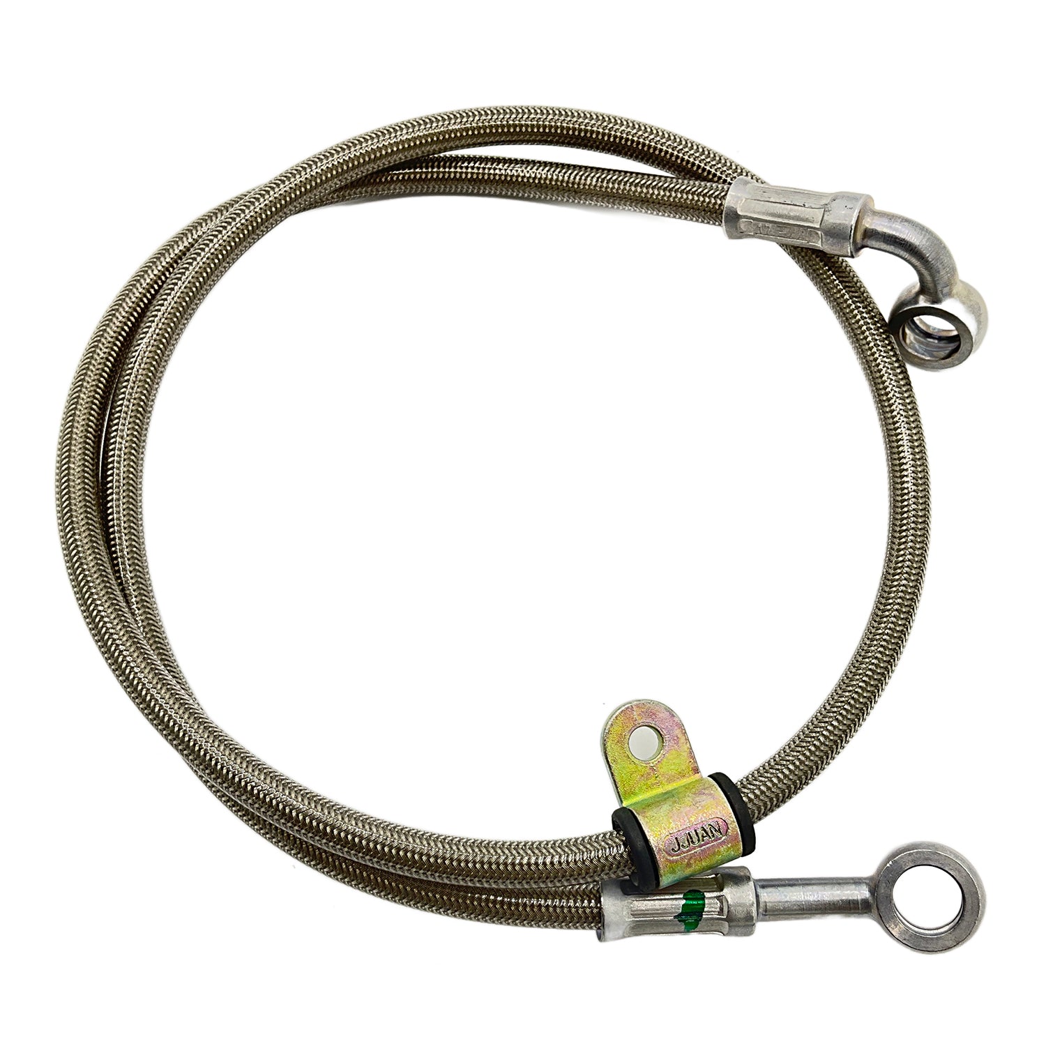 Braided stainless steel brake line with metal fittings and mounting bracket for front left side.