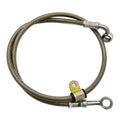 Braided stainless steel brake line with metal fittings and mounting bracket for front left side.