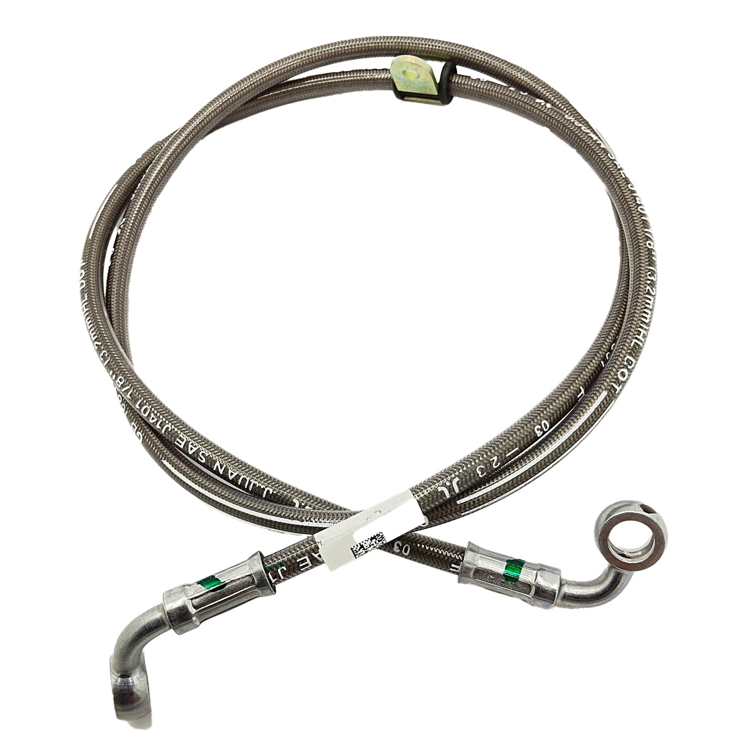 Black braided front brake line with metal fittings and angled connectors, coiled in a circle.