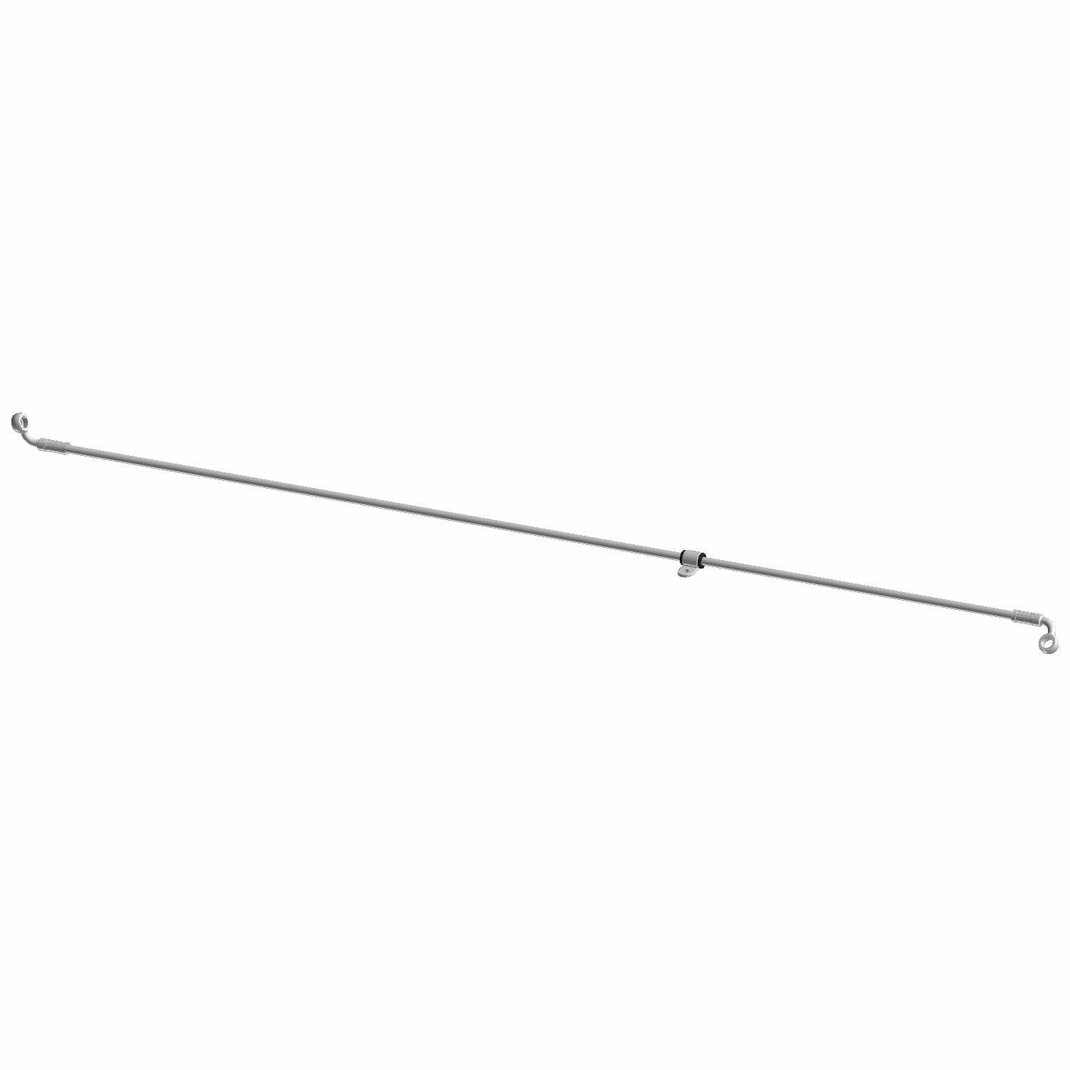 Silver metal brake line with curved fittings on both ends, slim and elongated design.