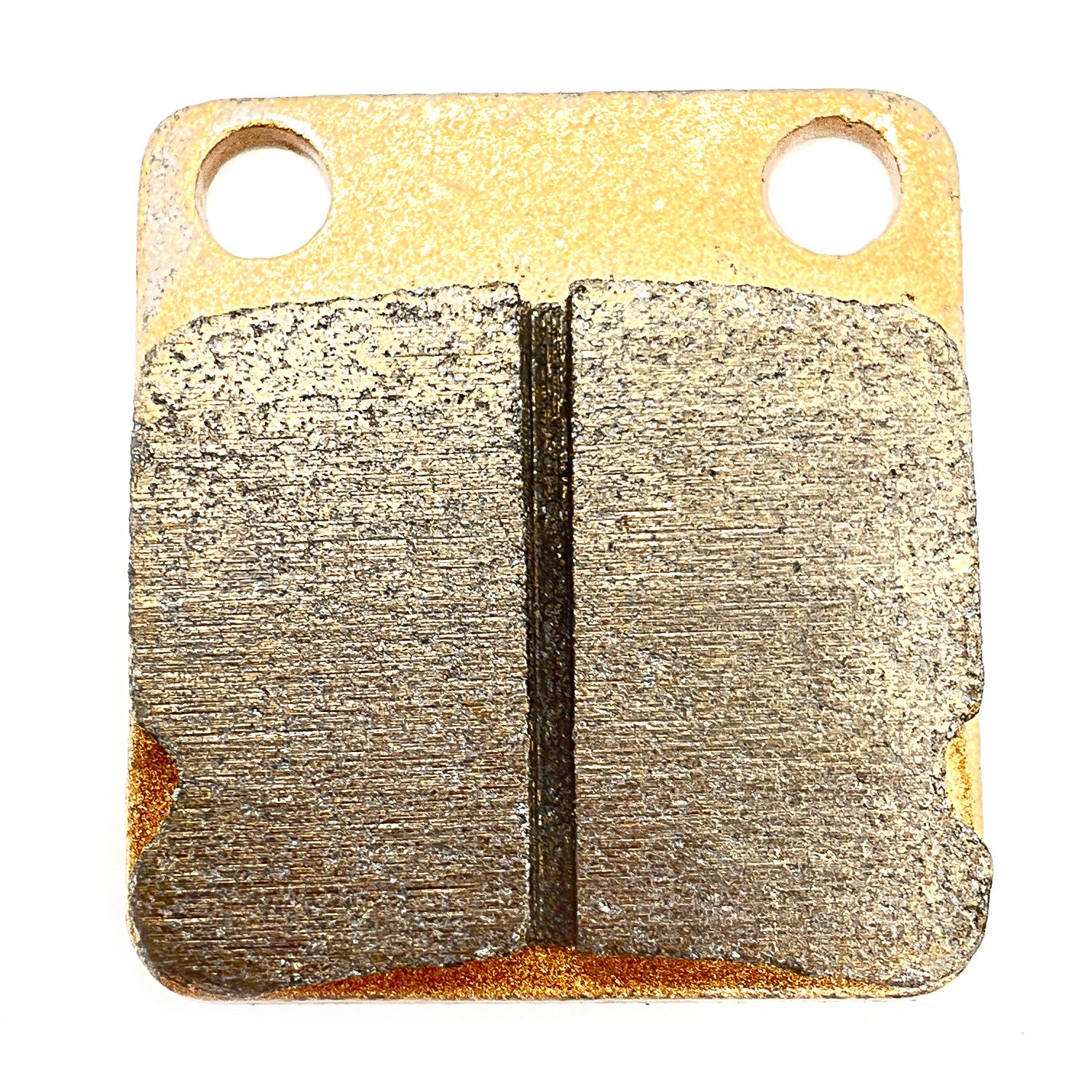 Square front brake pad with a metallic friction surface and two mounting holes on a gold-toned backing plate.