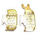 Metallic brake pads with circular perforations, designed for rear use on Polaris ATV models, gold-toned surface.