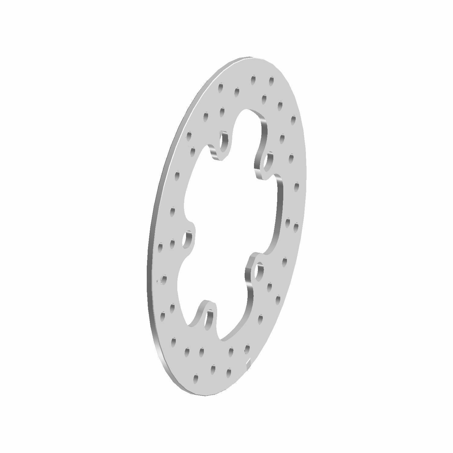 A 3D-rendered Rear Brake Rotor by Polaris, circular with a wavy inner cutout and evenly spaced holes, designed for Indian motorcycles, resembling OEM parts, is shown on a white background.