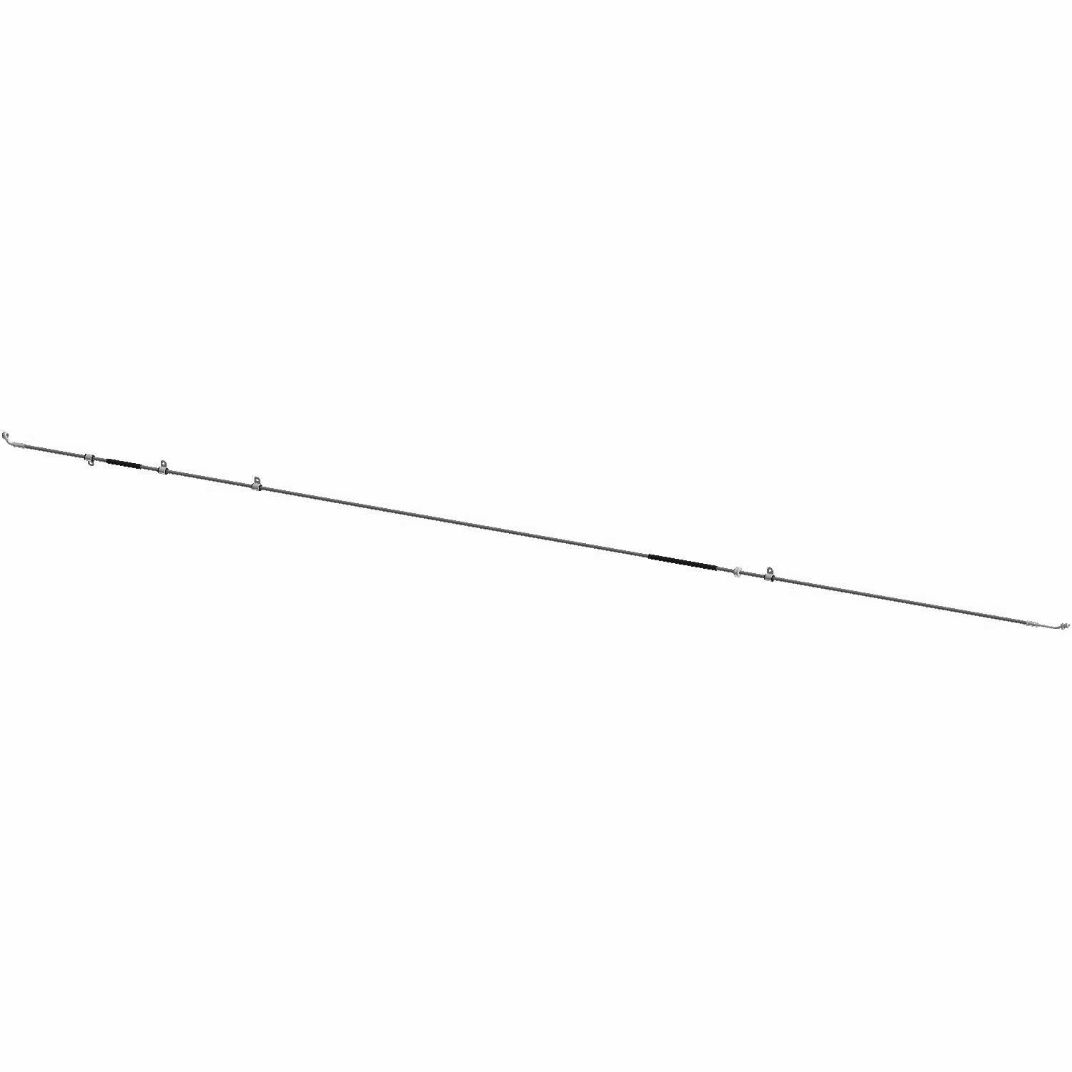 Long slender black metal brake line with threaded fittings on both ends for offroad vehicles.