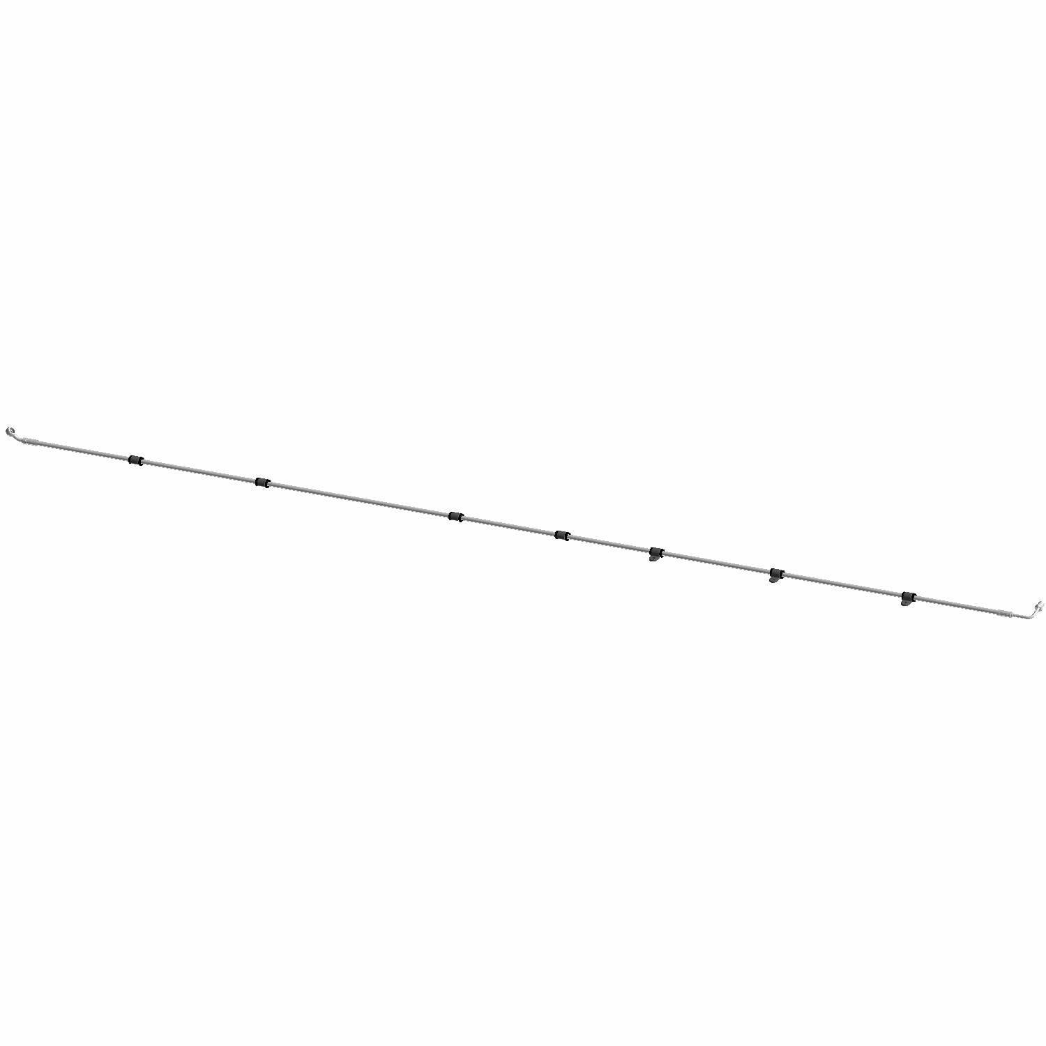 Long, thin black brake line with several evenly spaced mounting brackets and metal connectors at each end.