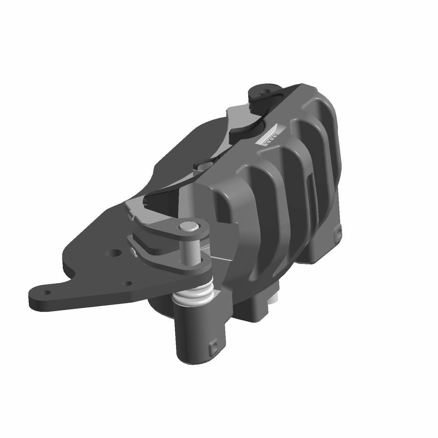 Black 3-piston brake caliper with ridged housing and mounting bracket for Polaris UTV.