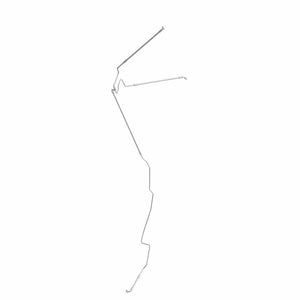 Long thin metal brake line with multiple bends and fittings for front motorcycle brake system.