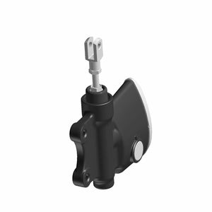 Flat black rear master cylinder with silver mounting clevis and round reservoir cap.
