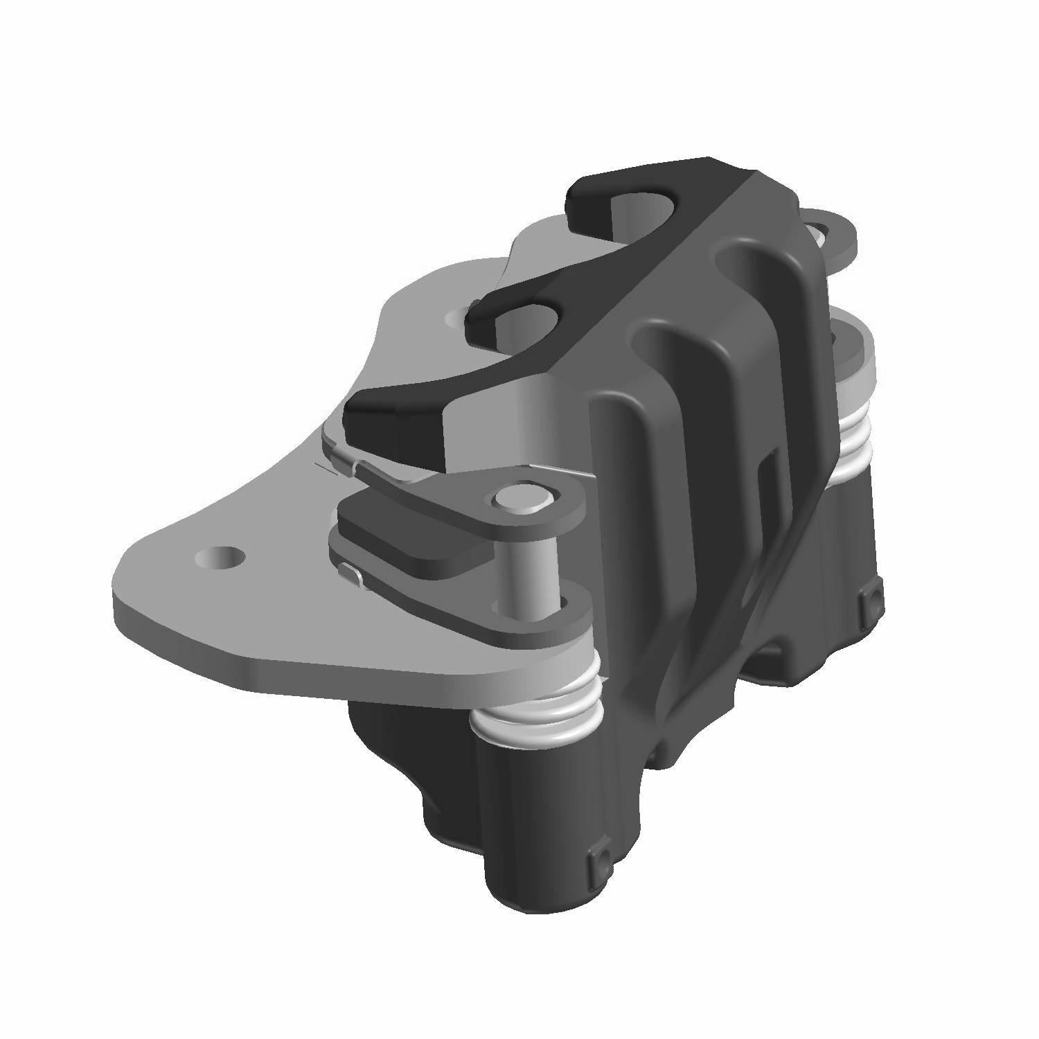 Black and silver metal rear left brake caliper with mounting plate and piston components.